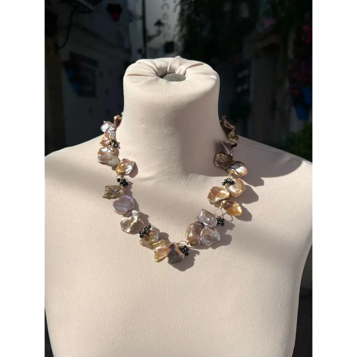 Dark brown keshi pearl necklace with black spinel
