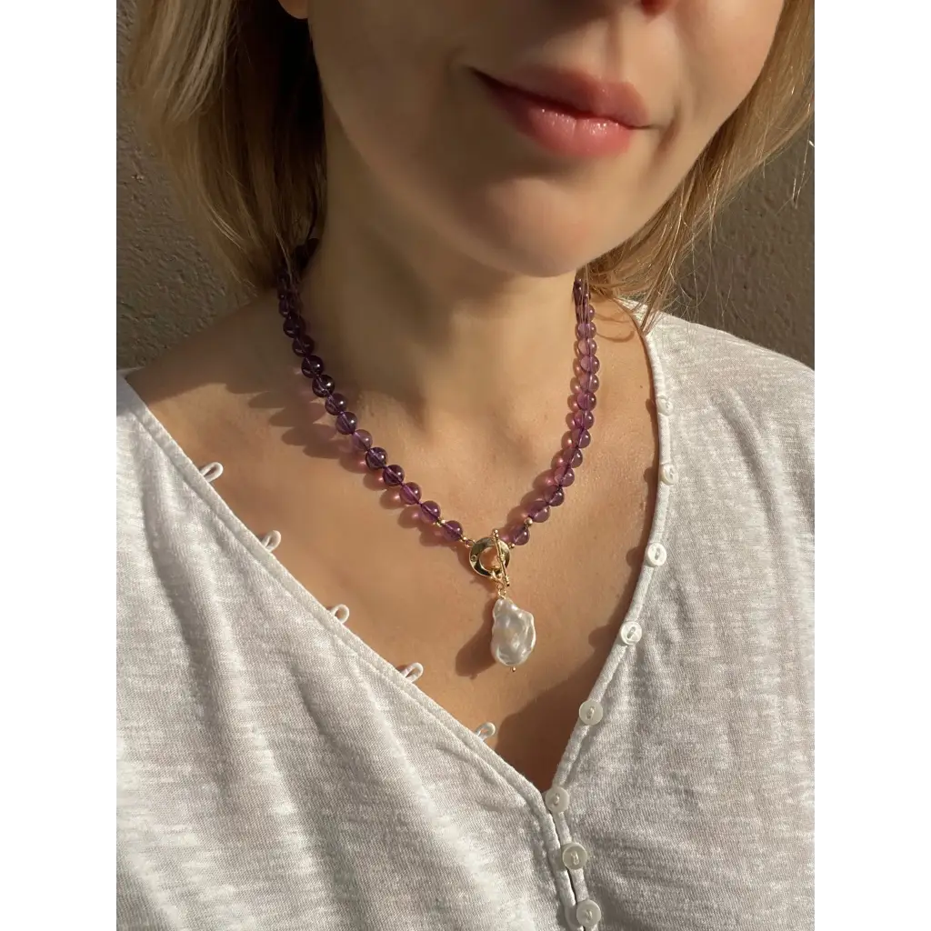 Dark purple amethyst and baroque pearl beaded necklace
