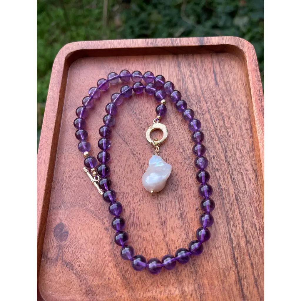 Dark purple amethyst and baroque pearl beaded necklace