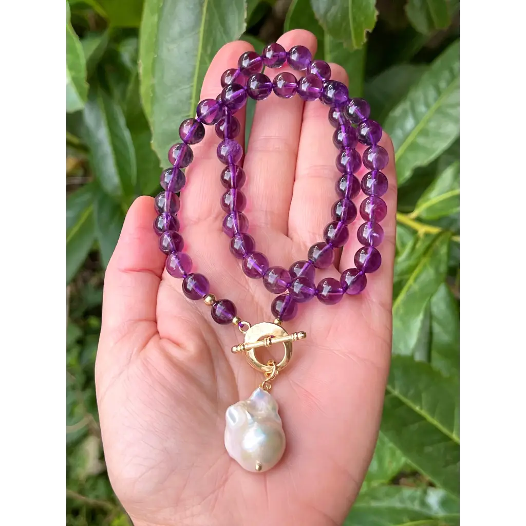 Dark purple amethyst and baroque pearl beaded necklace