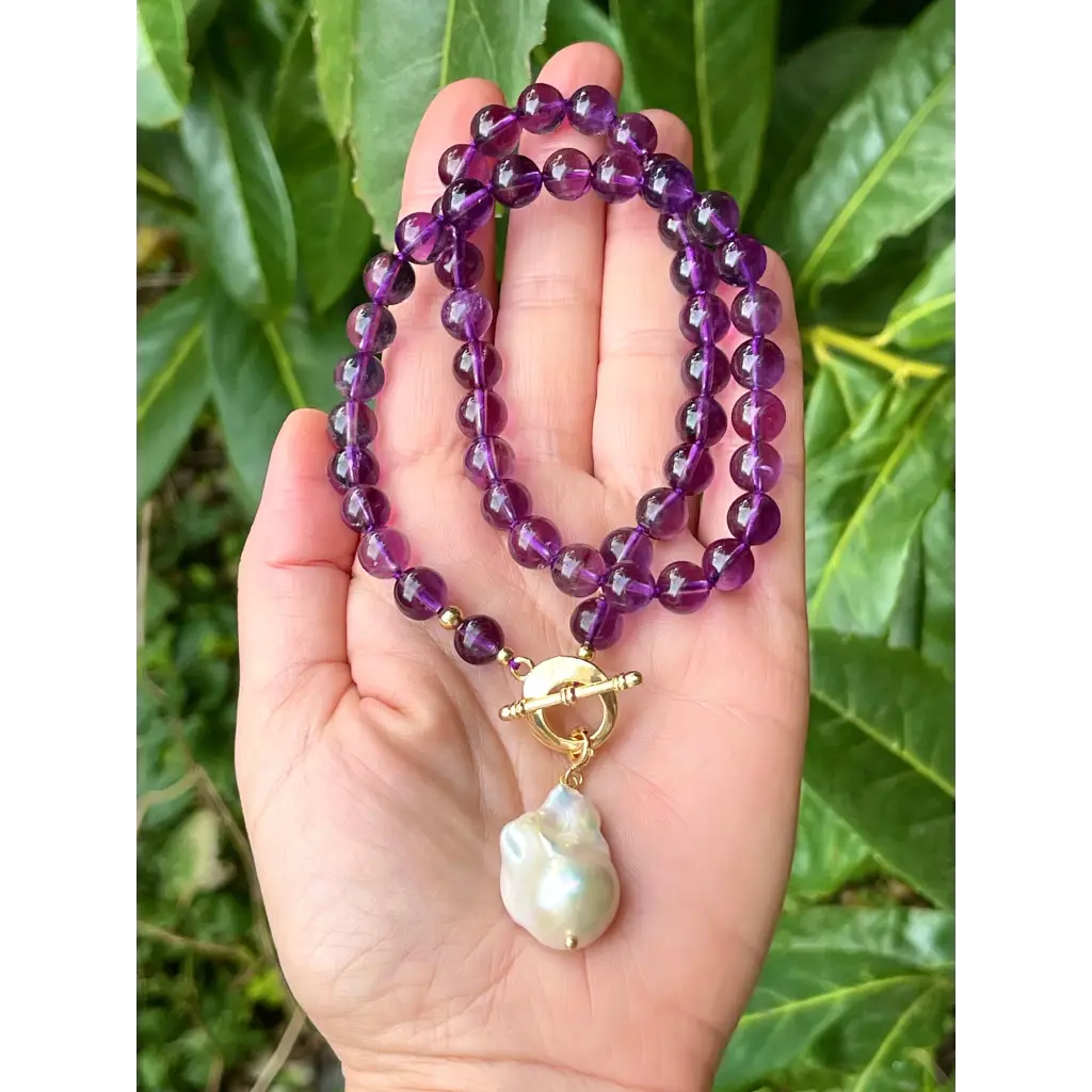 Dark purple amethyst and baroque pearl beaded necklace