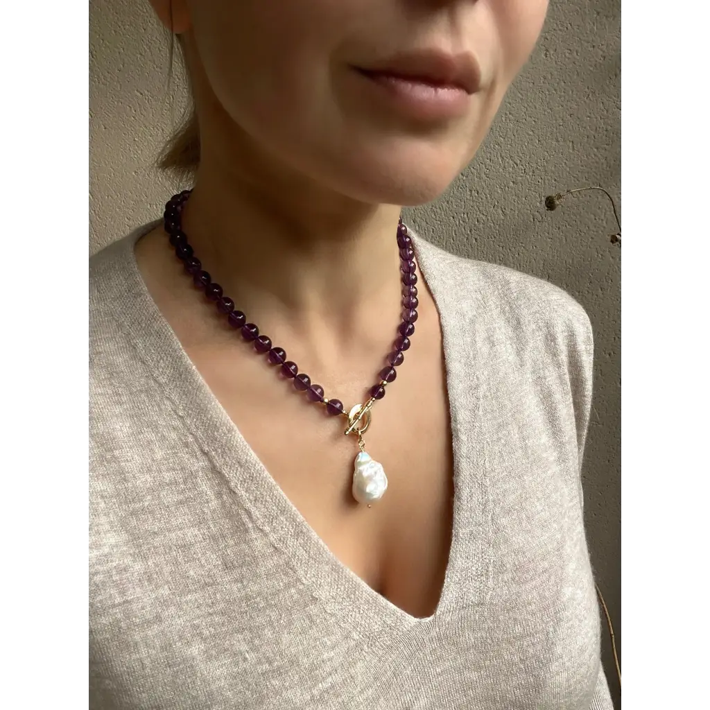 Dark purple amethyst and baroque pearl beaded necklace