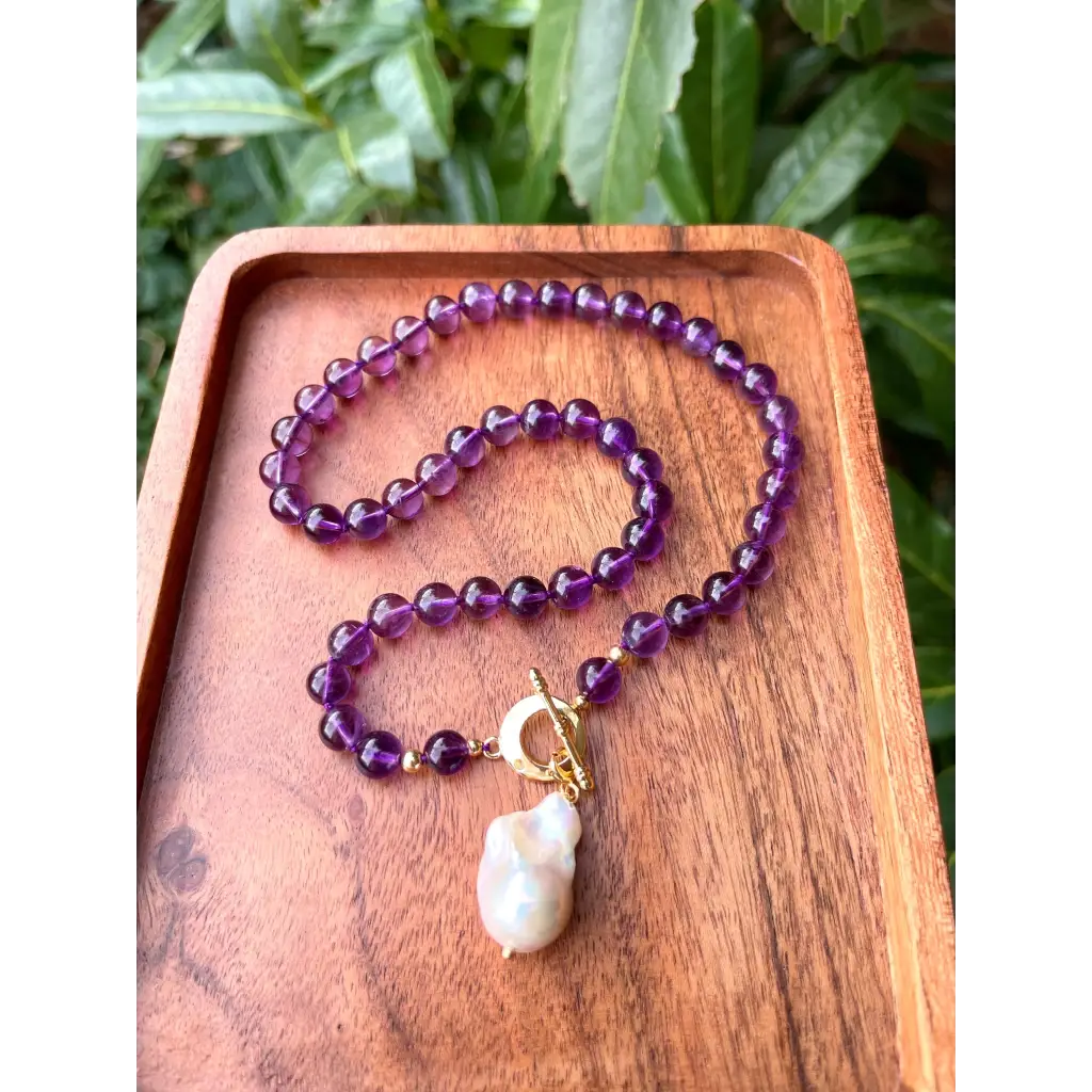 Dark purple amethyst and baroque pearl beaded necklace