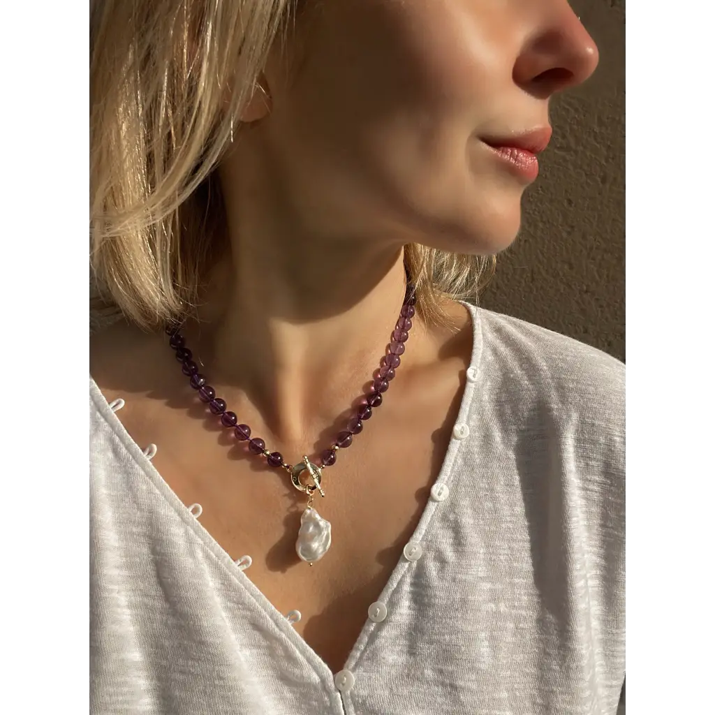Dark purple amethyst and baroque pearl beaded necklace