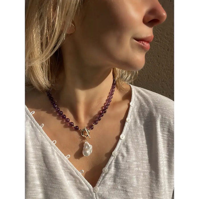Dark purple amethyst and baroque pearl beaded necklace
