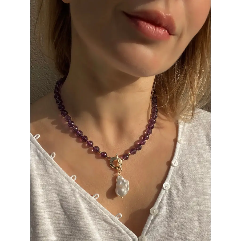 Dark purple amethyst and baroque pearl beaded necklace