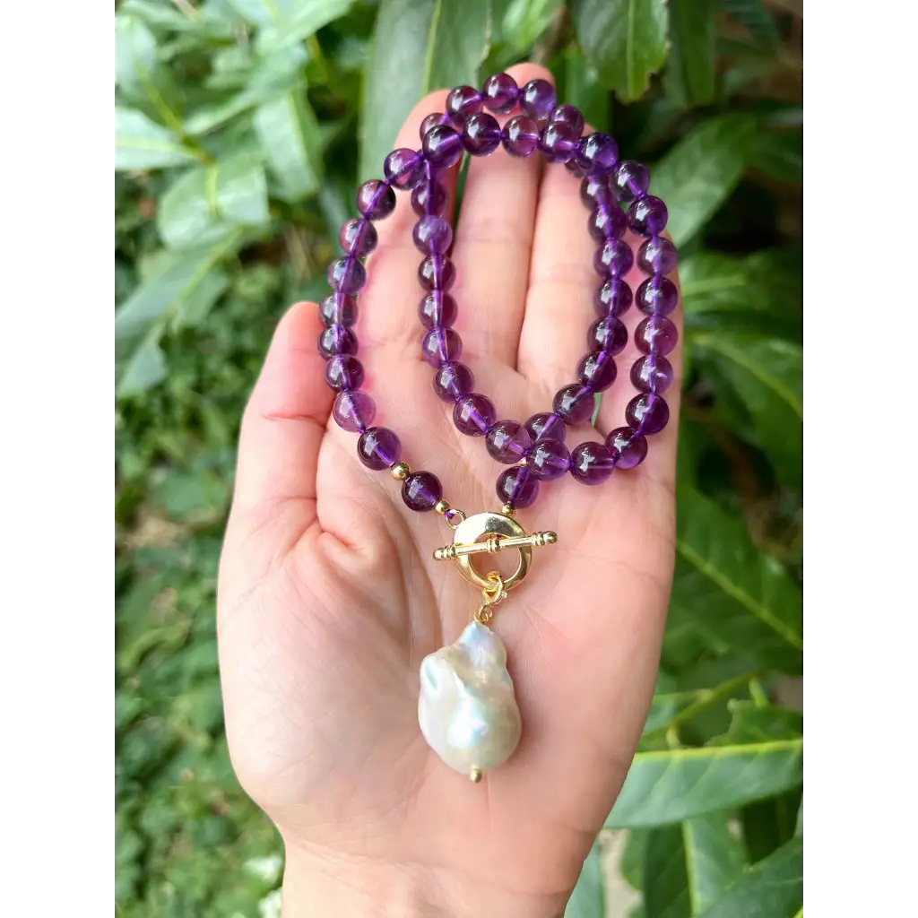 Dark purple amethyst and baroque pearl beaded necklace