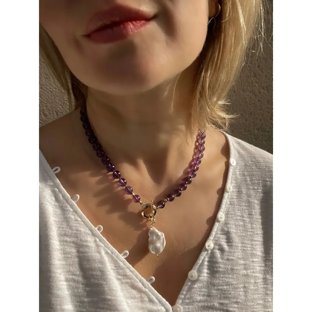 Dark purple amethyst and baroque pearl beaded necklace