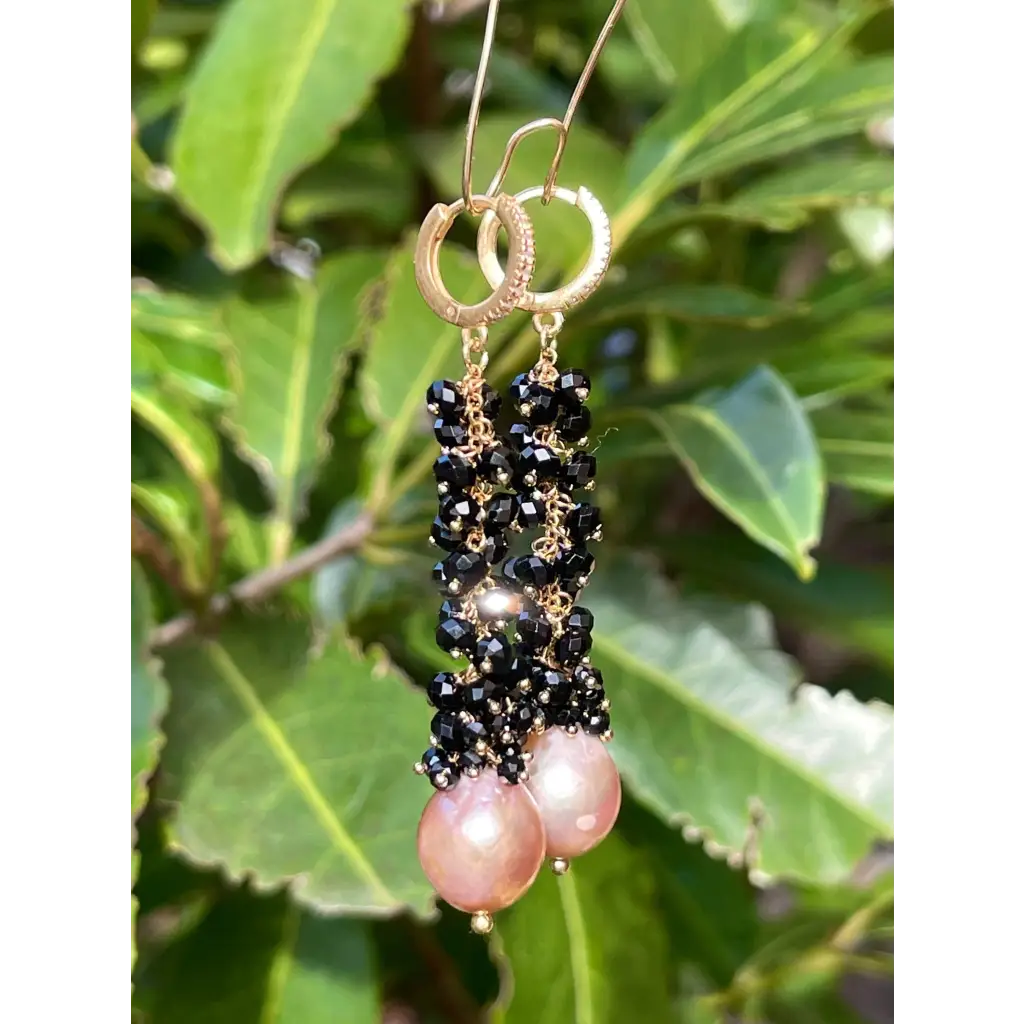 Edison purple pearls and black spinel long earrings