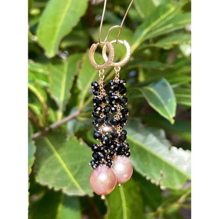 Edison purple pearls and black spinel long earrings