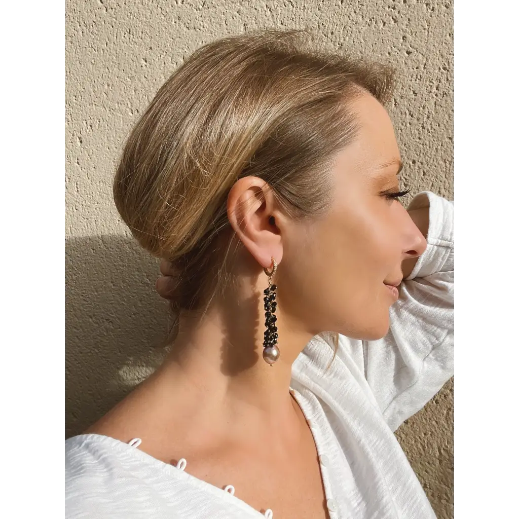 Edison purple pearls and black spinel long earrings