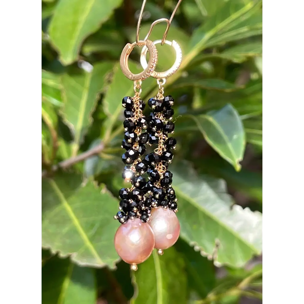 Edison purple pearls and black spinel long earrings