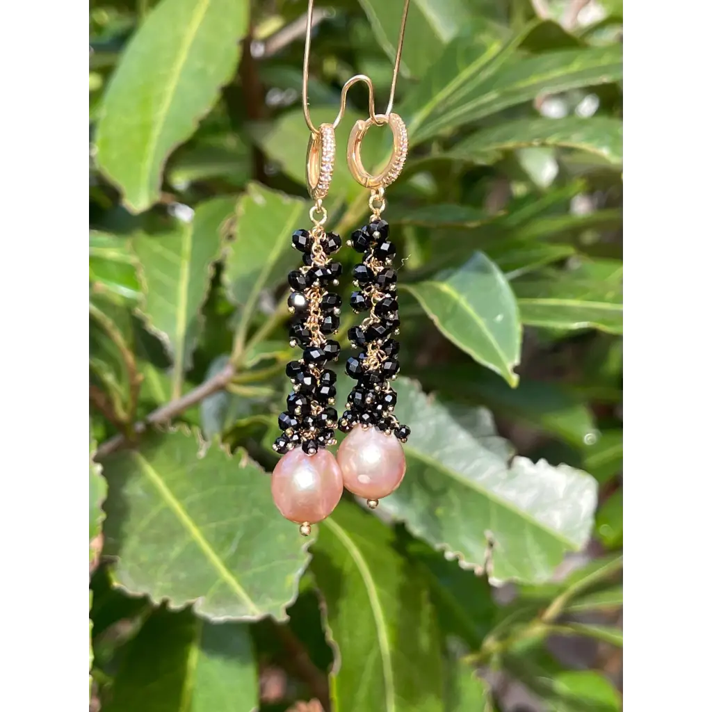 Edison purple pearls and black spinel long earrings
