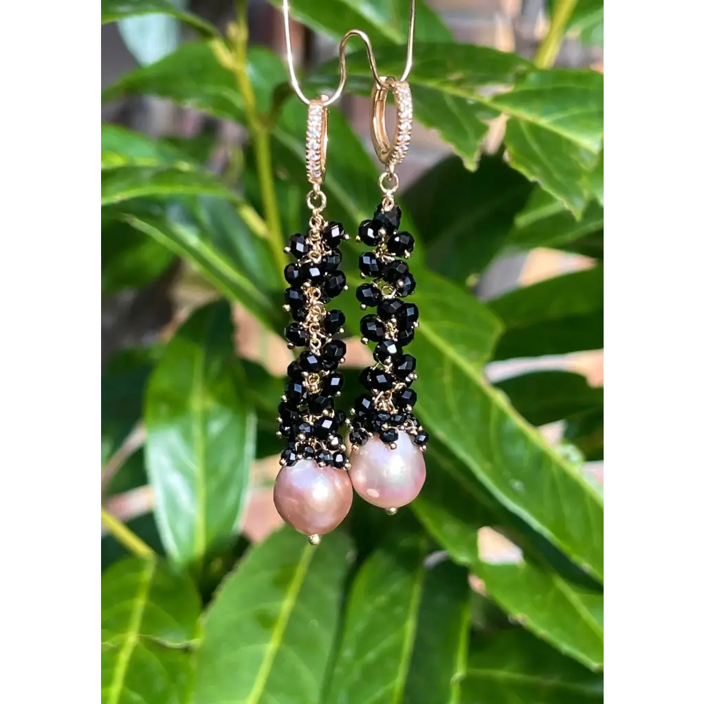 Edison purple pearls and black spinel long earrings