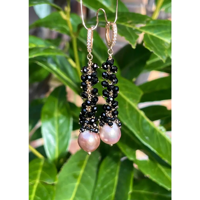 Edison purple pearls and black spinel long earrings