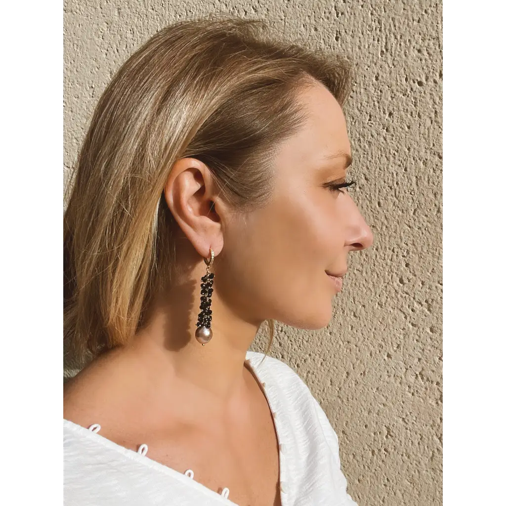 Edison purple pearls and black spinel long earrings