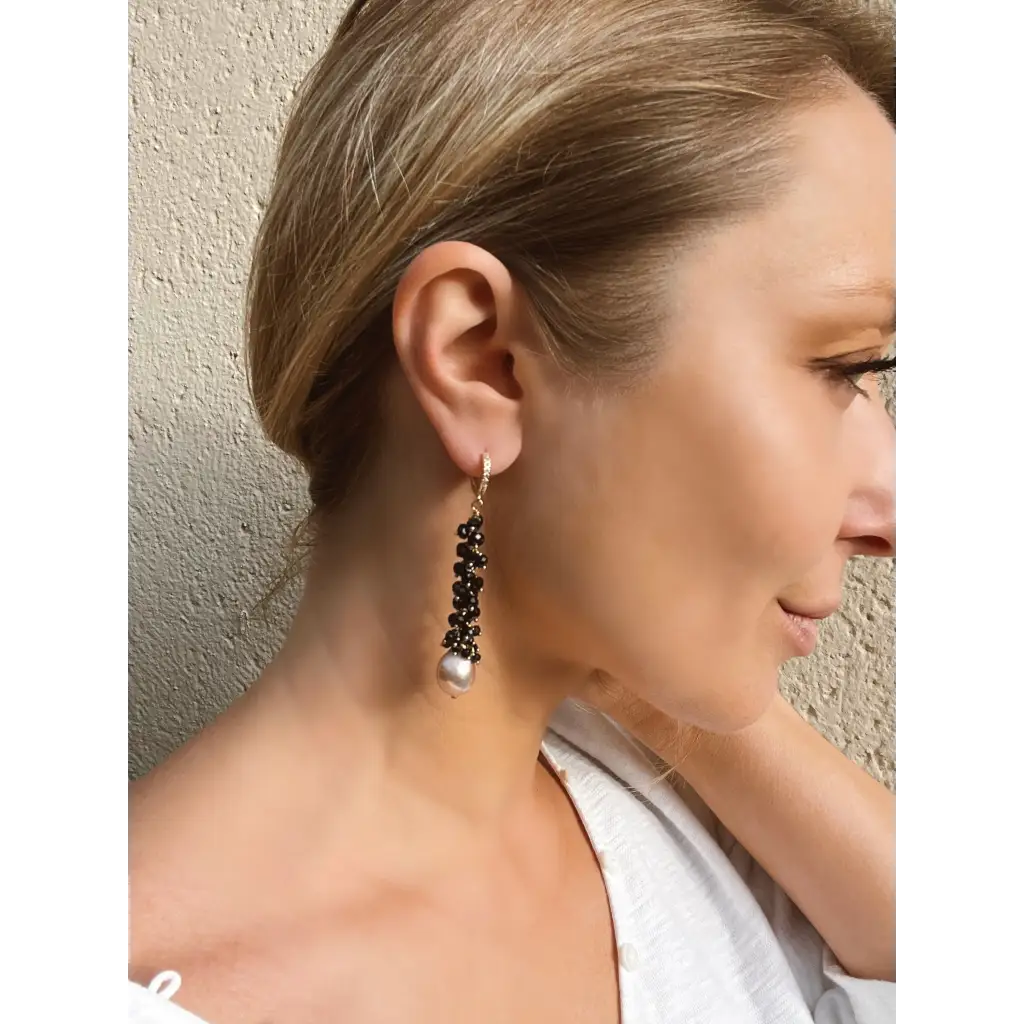 Edison purple pearls and black spinel long earrings