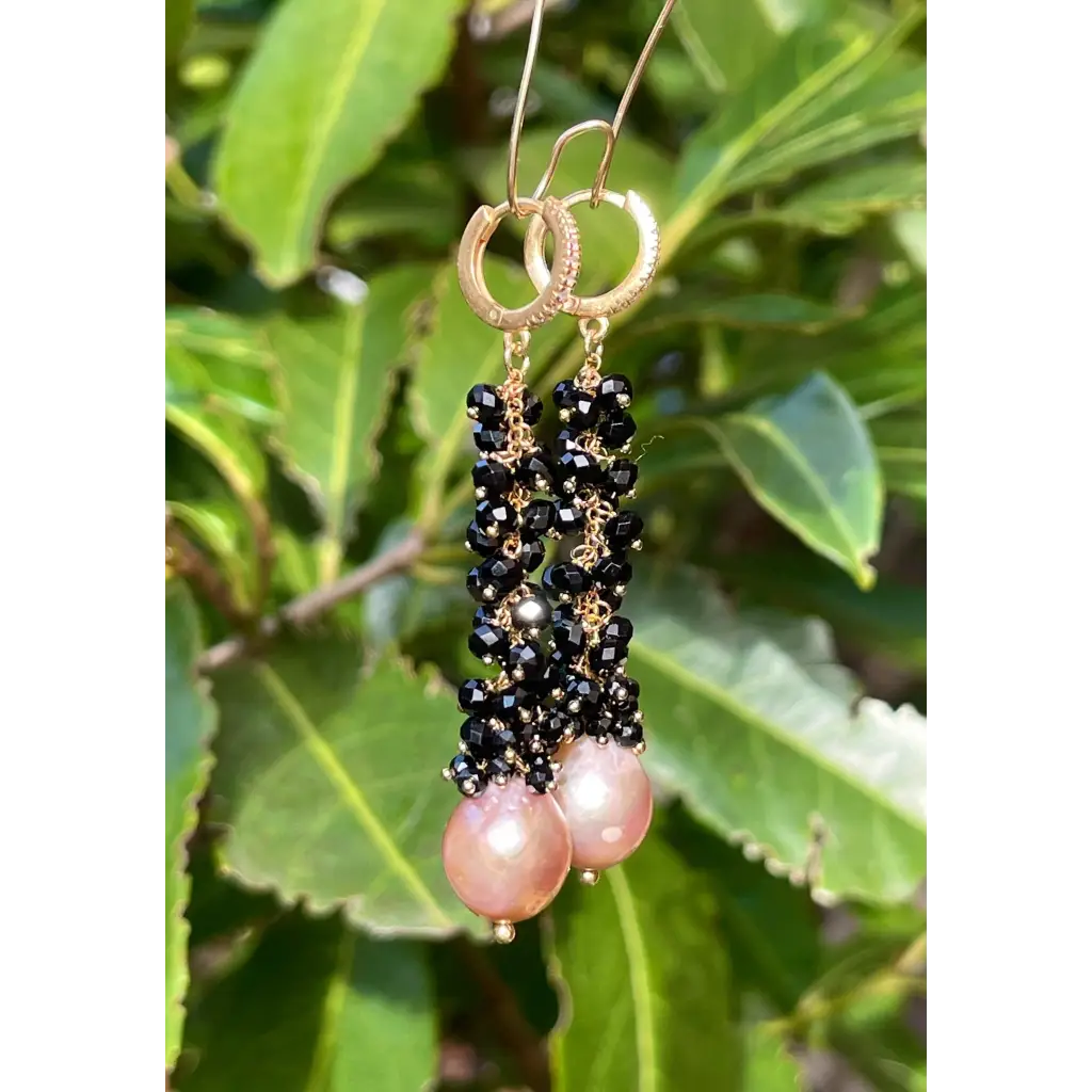 Edison purple pearls and black spinel long earrings