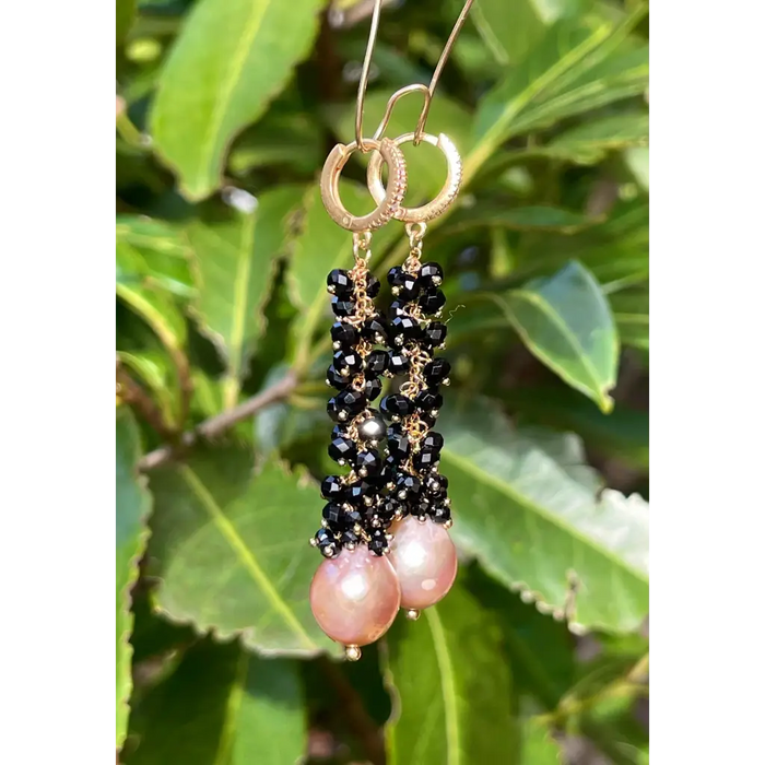 Edison purple pearls and black spinel long earrings