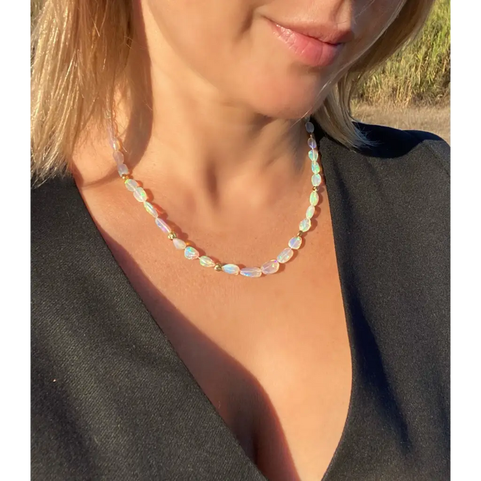 Ethiopian opal and solid gold necklace faceted tumble beads
