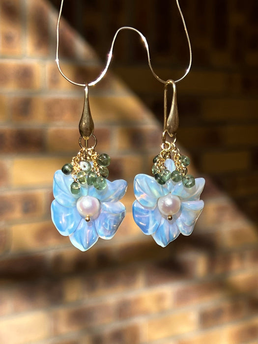 Flower Earrings Holly Carved opalite and green apatite