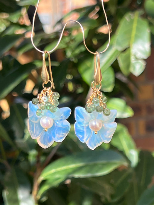 Flower Earrings Holly Carved opalite and green apatite