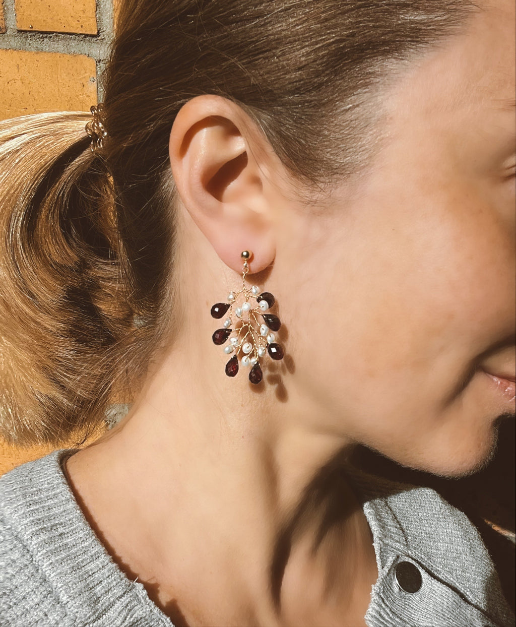 Garnet and pearl branch earrings Dangle & Drop Earrings