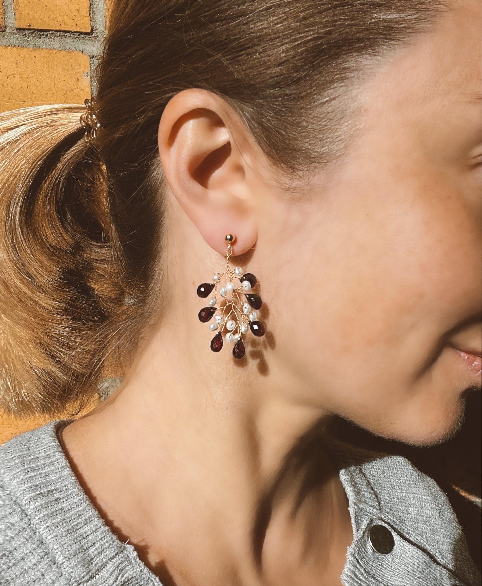 Garnet and pearl branch earrings Dangle & Drop Earrings