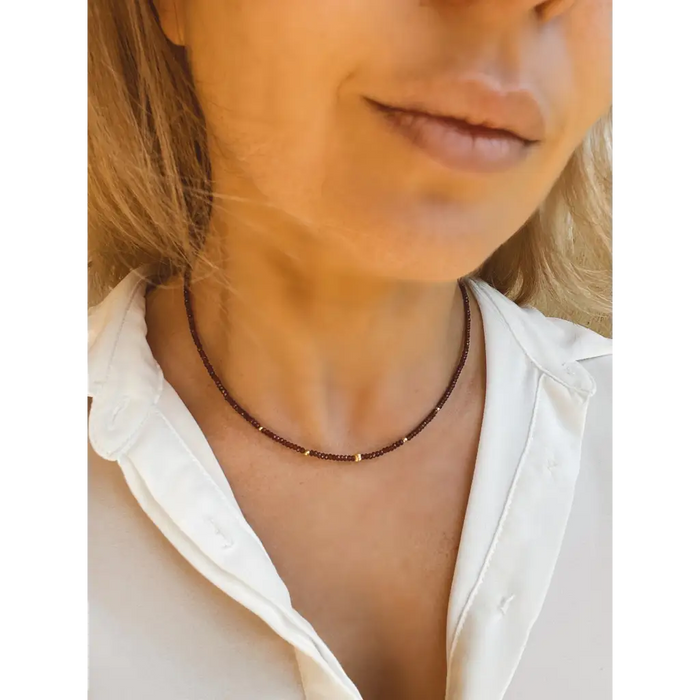 Garnet choker solid gold 18k minimalist necklace