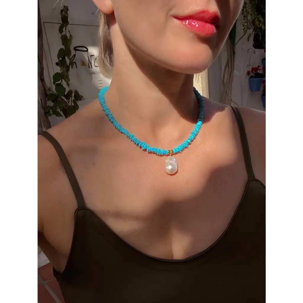 Genuine American turquoise and baroque pearl necklace