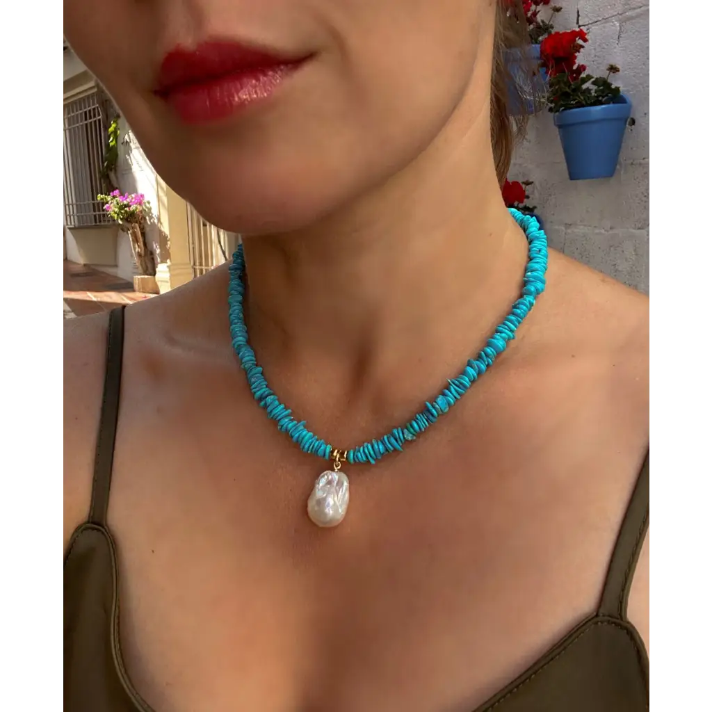 Genuine American turquoise and baroque pearl necklace