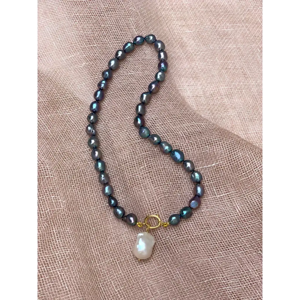 Genuine fresh water black pearl necklace with baroque pearl