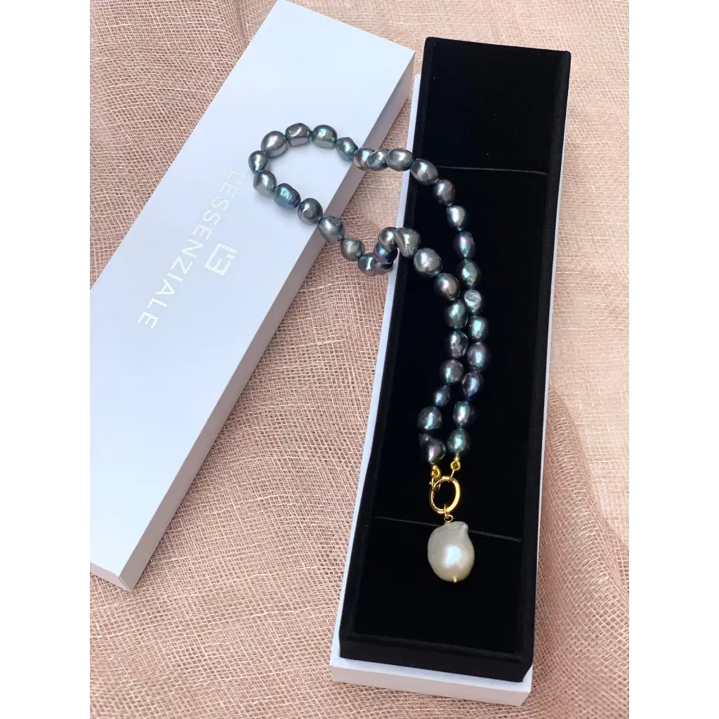 Genuine fresh water black pearl necklace with baroque pearl