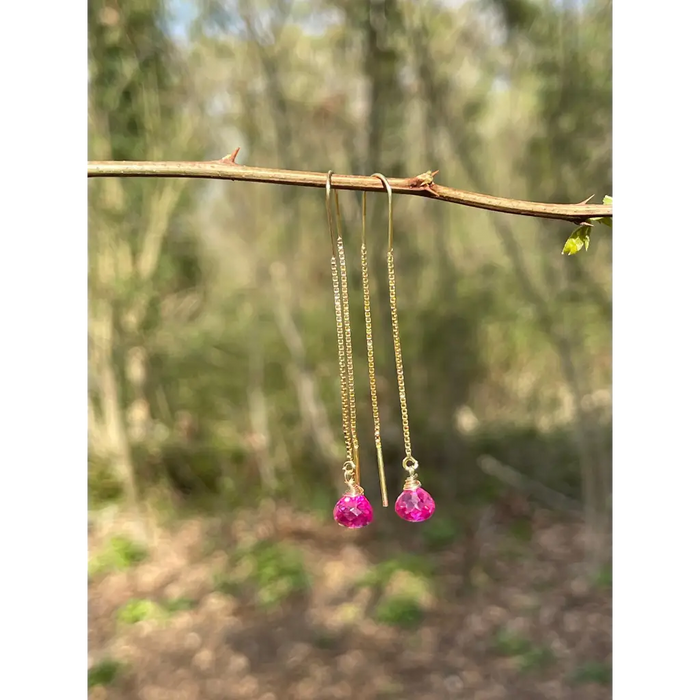 Genuine pink spinel threader earrings dainty gemstone drop