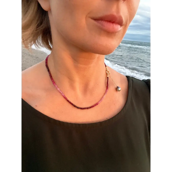 Genuine ruby beaded necklace with Tahitian pearl pendant