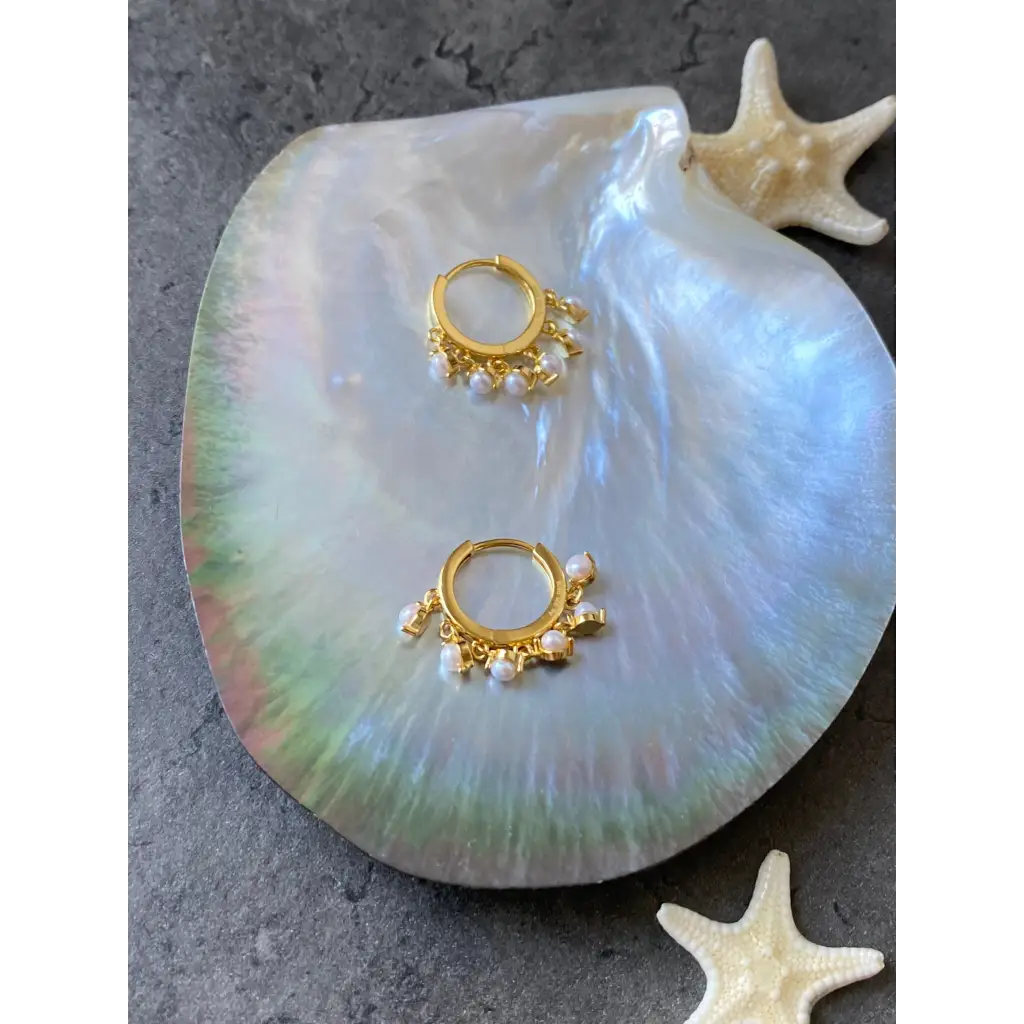 Gold plated silver hoops with dangling mini pearls