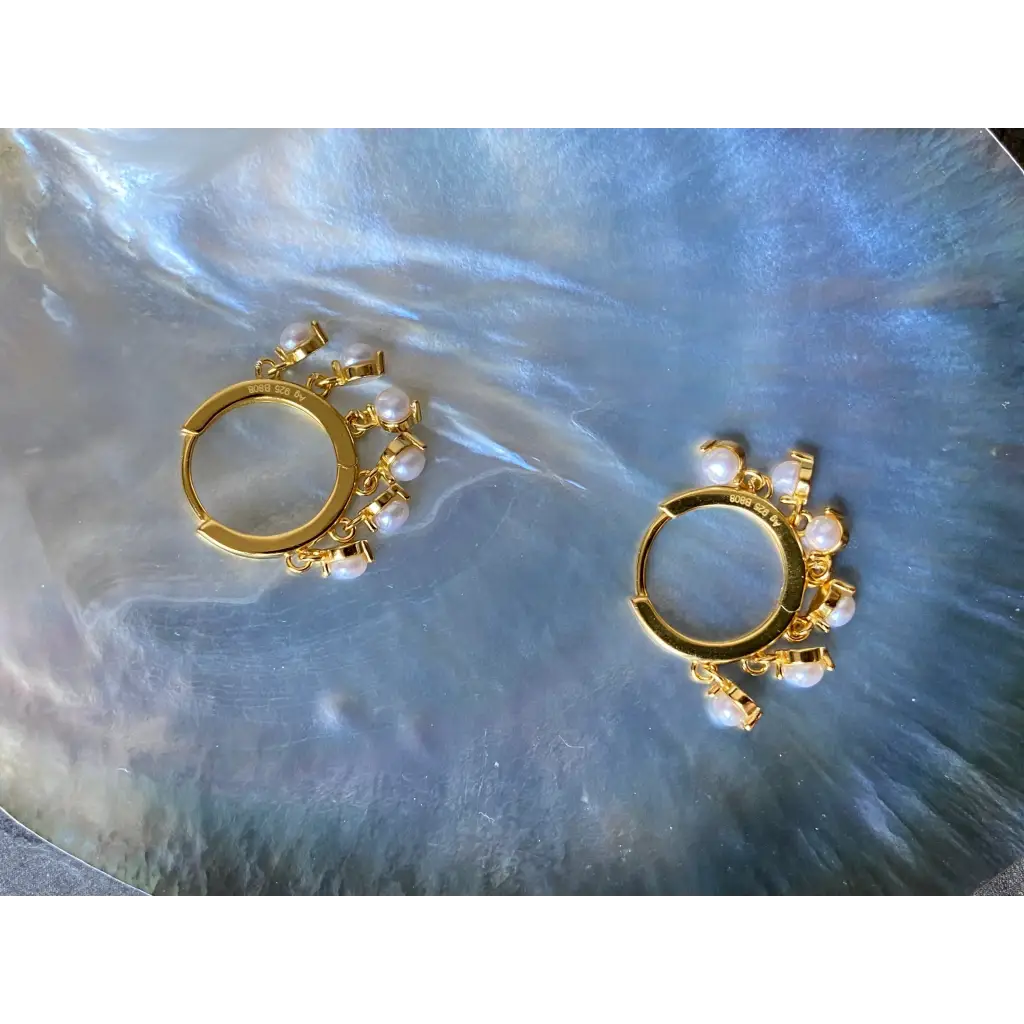 Gold plated silver hoops with dangling mini pearls