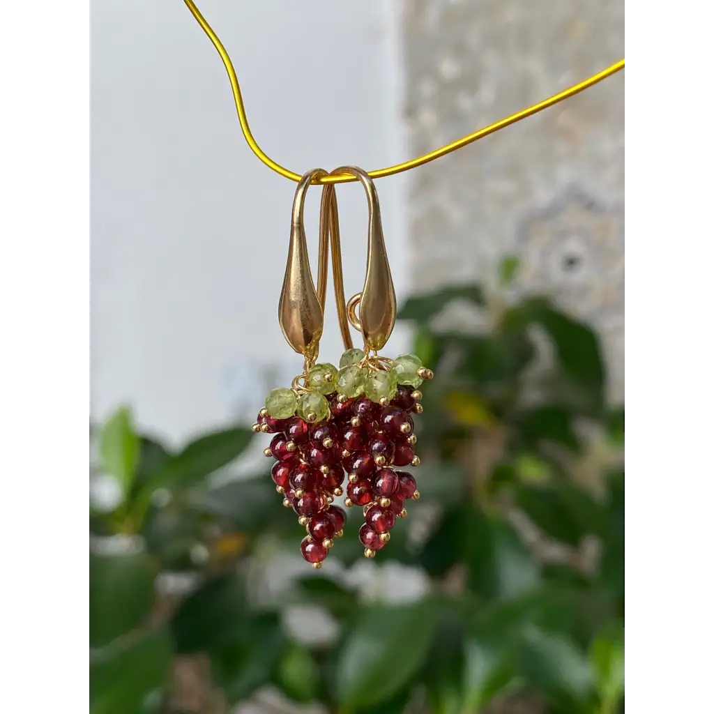 Grape earrings natural garnet and peridot cascade earrings