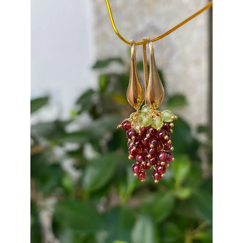 Grape earrings natural garnet and peridot cascade earrings
