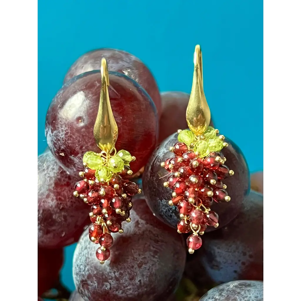 Grape earrings natural garnet and peridot cascade earrings