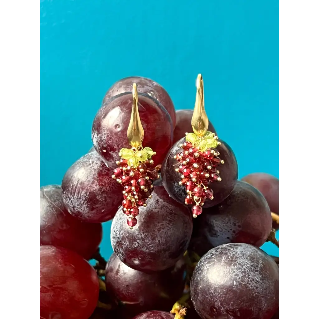 Grape earrings natural garnet and peridot cascade earrings