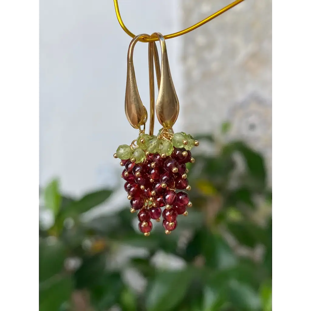 Grape earrings natural garnet and peridot cascade earrings