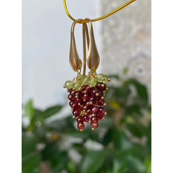 Grape earrings natural garnet and peridot cascade earrings