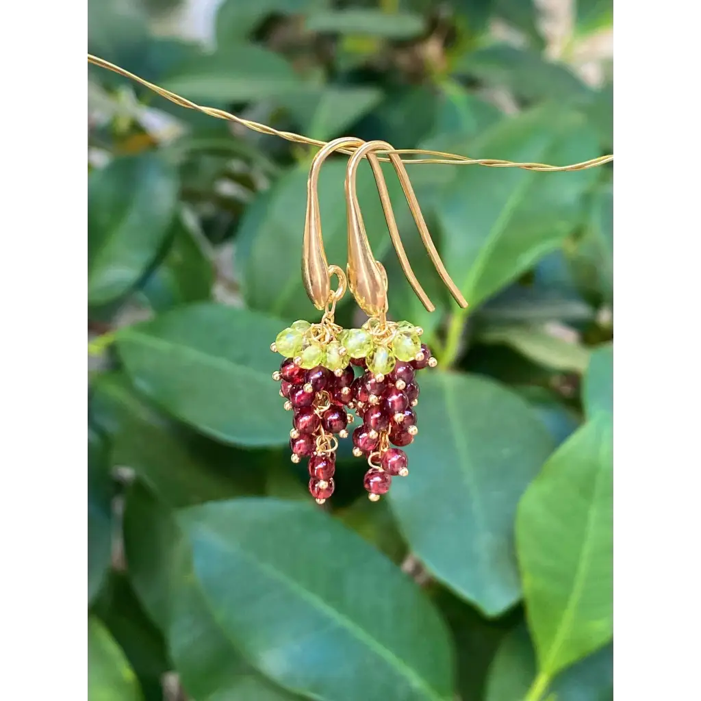 Grape earrings natural garnet and peridot cascade earrings