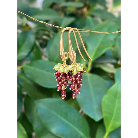 Grape earrings natural garnet and peridot cascade earrings