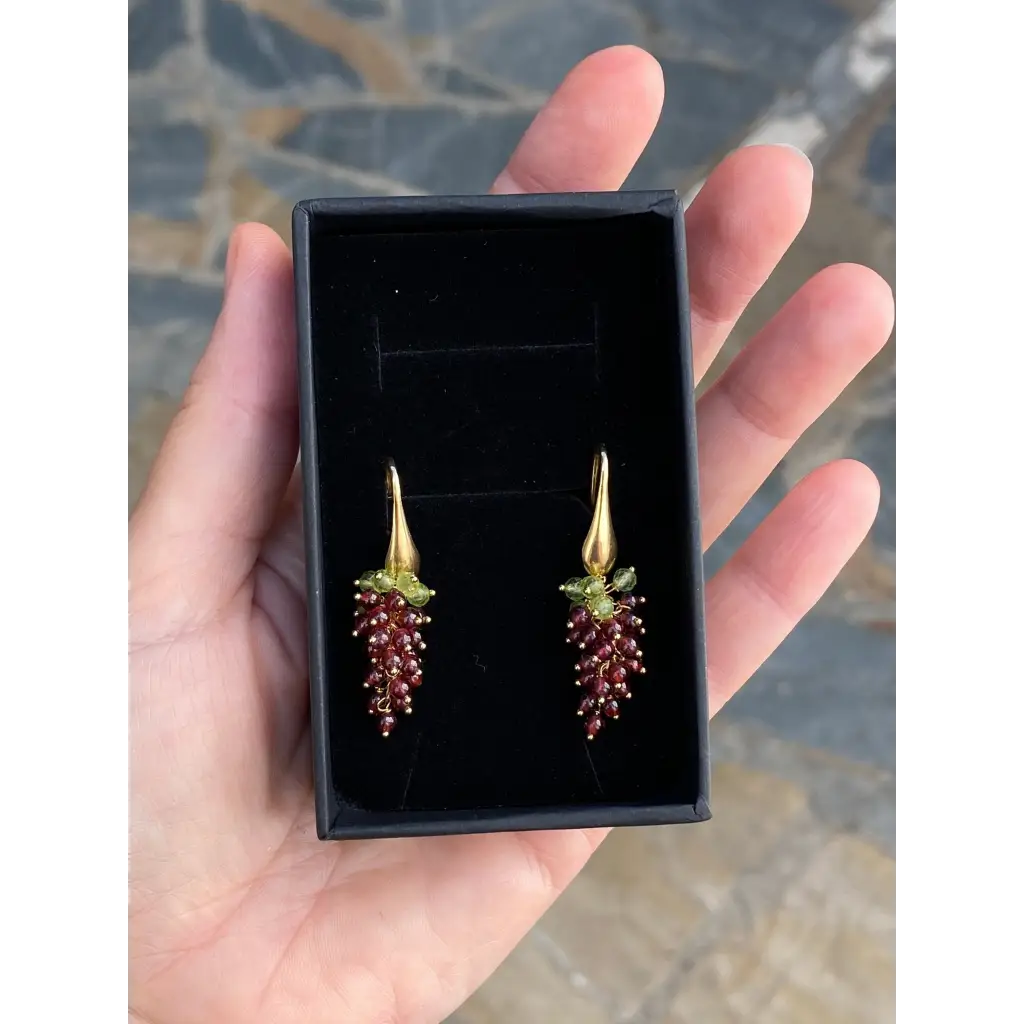 Grape earrings natural garnet and peridot cascade earrings