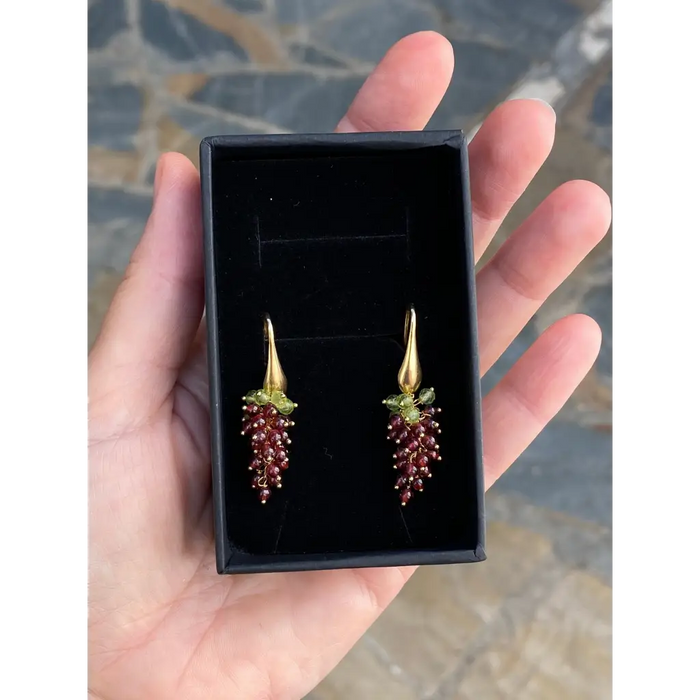 Grape earrings natural garnet and peridot cascade earrings