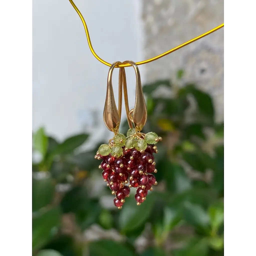 Grape earrings natural garnet and peridot cascade earrings