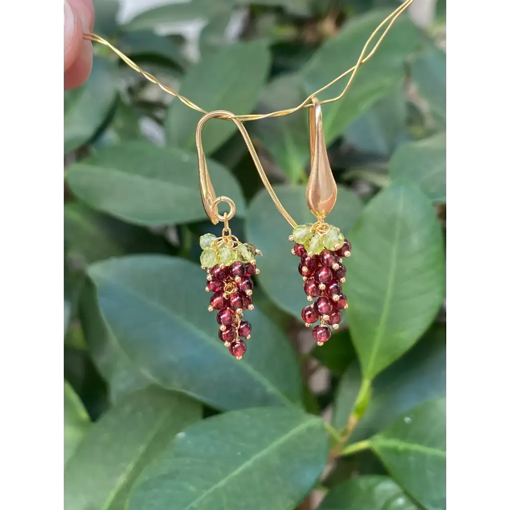 Grape earrings natural garnet and peridot cascade earrings