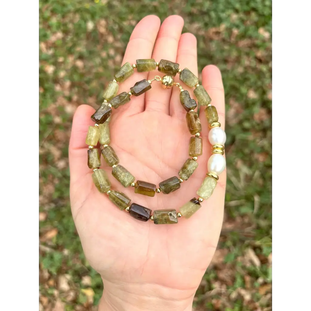 Green garnet beaded necklace statement gemstone and pearl